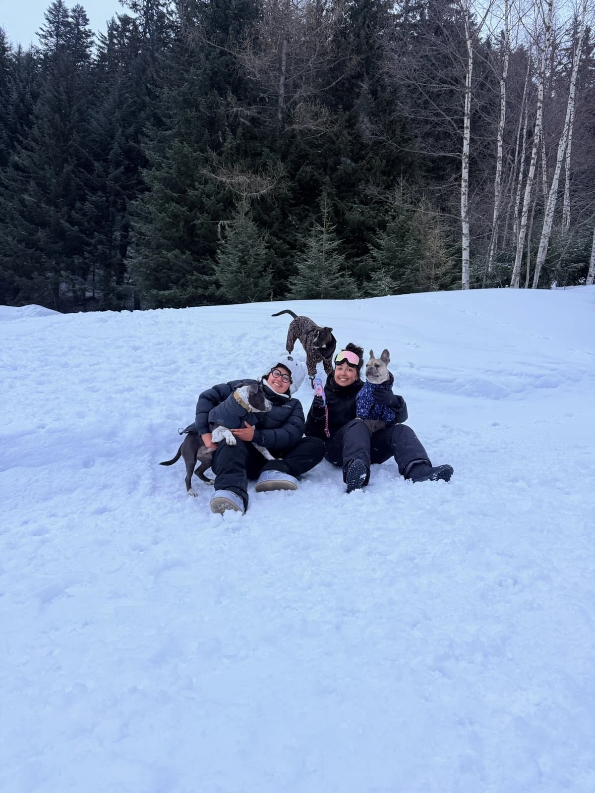 Sarah et Hanna dans la neige avec la meute