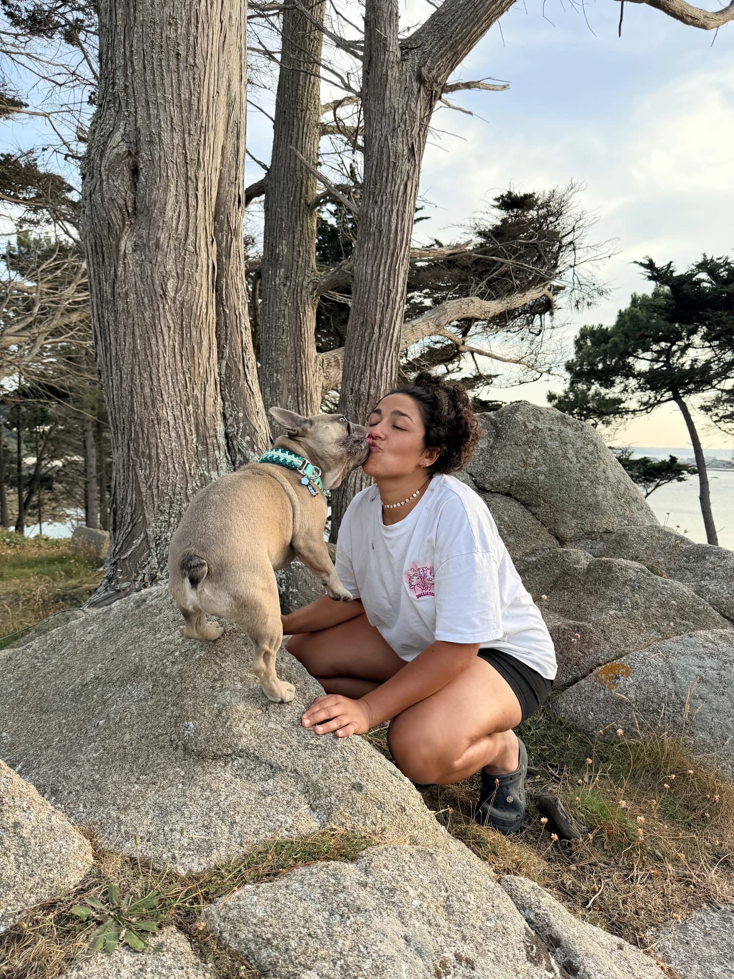 Une accompagnatrice fait un bisou à un chien sur un rocher, au pied des pins